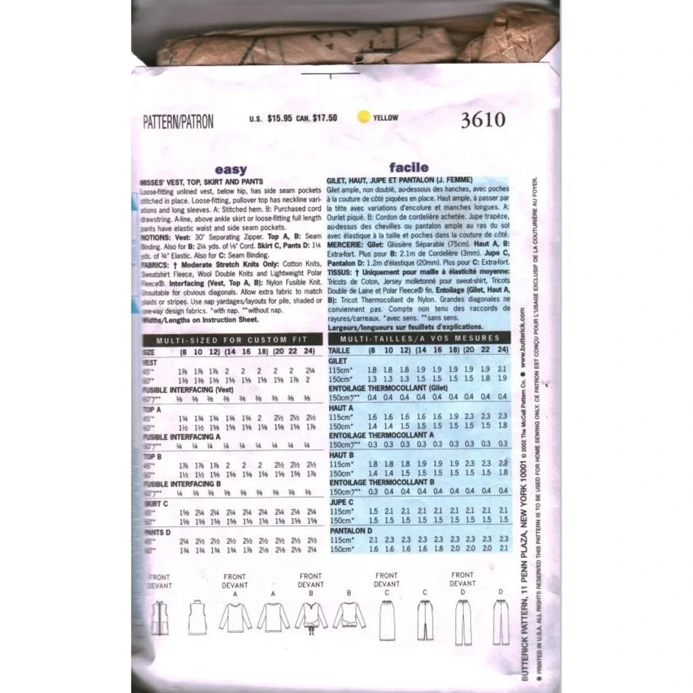 Butterick 3610 Misses Easy Vest Top Skirt Pants Sewing Pattern Size 14 16 18